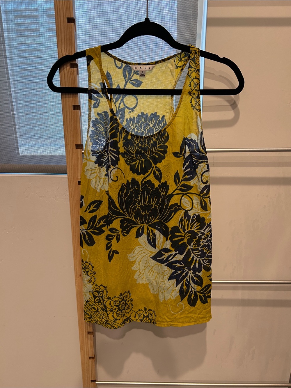 CAbi Mustard Yellow Floral Scoop Tank with Navy and Cream Blooms
